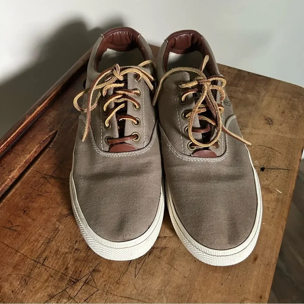 Polo Ralph Lauren Brown Leather Gray Canvas Shoes Men's 11 Good preworn conditio